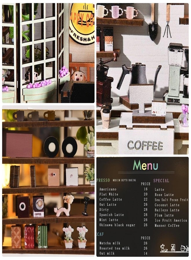 Foyucool DIY Book Nook Kit, Miniature Bookshelf Decor with LED Lights, Laser-Cut Wooden Craft Set for Adults, Creative Gift for Christmas, Birthday, Coffee Garden - Image 3